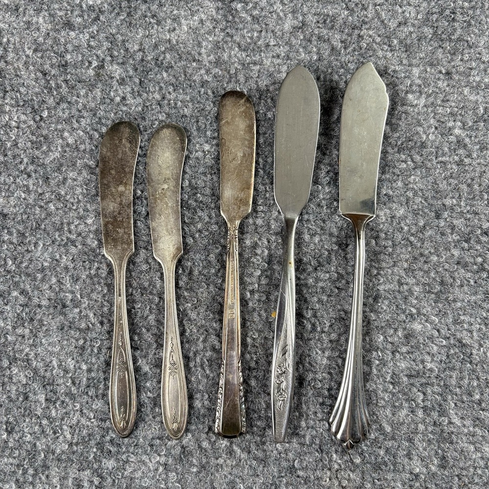 Vintage Butter Spreader Knife Lot 5 Silverplate Mixed Patterns Flatware Crafts
